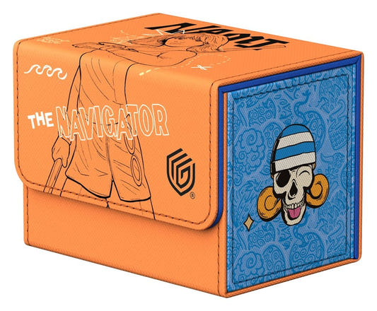 Ultimate Guard Sidewinder 80+ Netflix One Piece Nami deck box in orange, closed, front angle, The Navigator line art