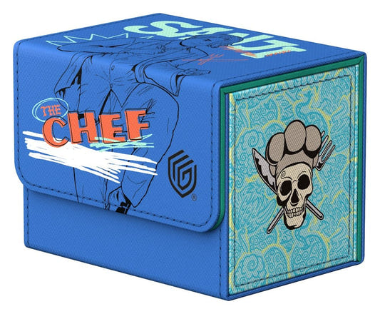 Ultimate Guard Sidewinder 80+ Netflix One Piece Sanji deck box in blue, closed, front angle, The Chef line art