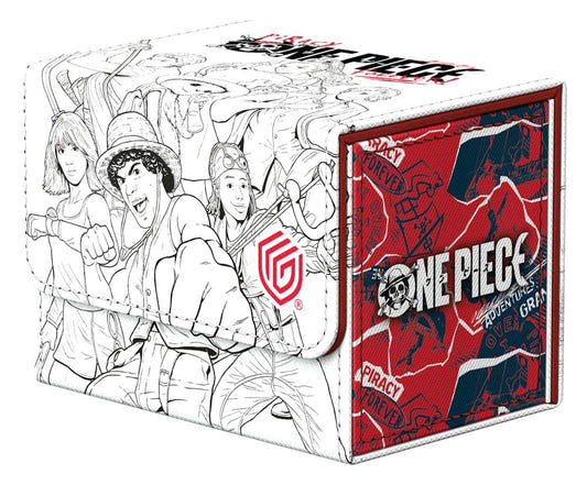Ultimate Guard Sidewinder 80+ Netflix One Piece Sketch deck box in white and red, closed, front angle, crew sketch art