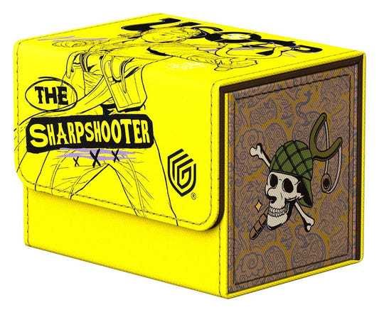 Ultimate Guard Sidewinder 80+ Netflix One Piece Usopp deck box in yellow, closed, front angle, The Sharpshooter line art