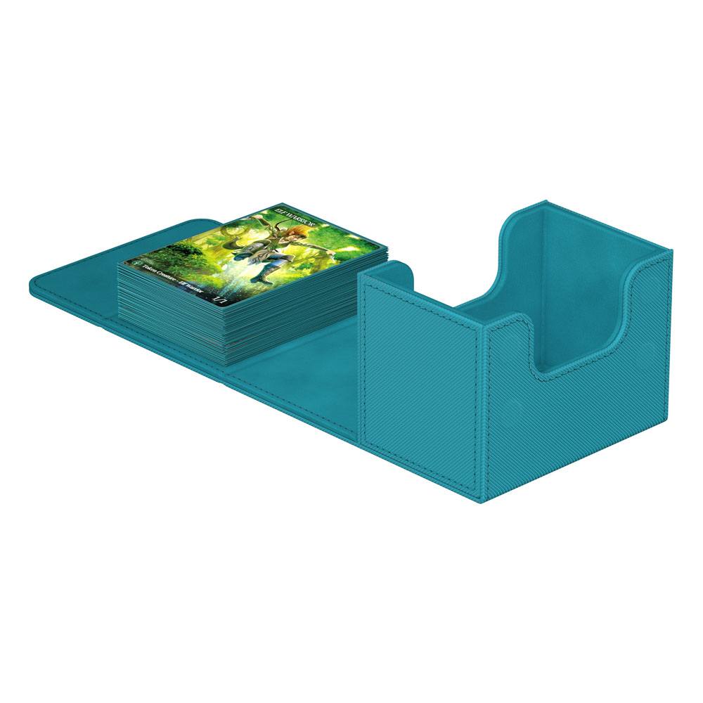 Ultimate Guard Sidewinder 80+ Xenoskin deck box in petrol, opened flat with a stack of sleeved cards
