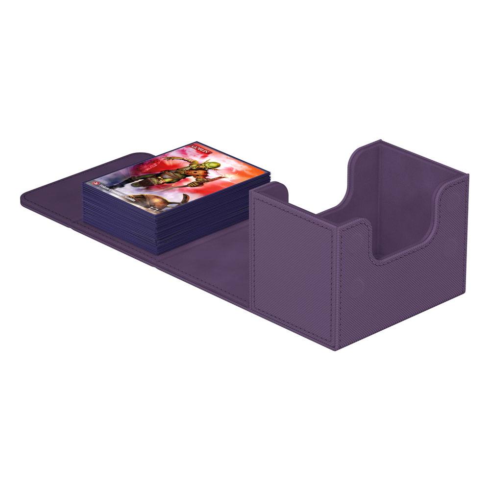 Ultimate Guard Sidewinder 80+ Xenoskin deck box in purple, opened flat with a stack of sleeved cards