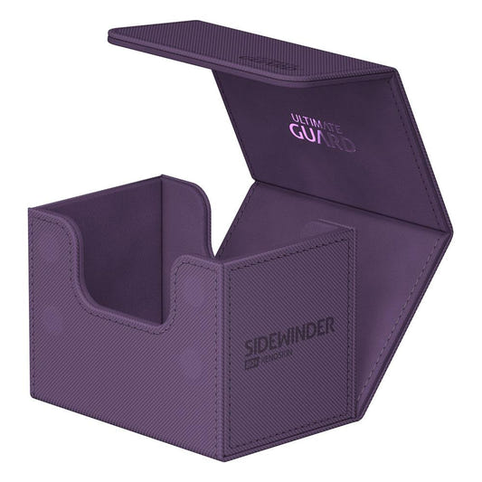 Ultimate Guard Sidewinder 80+ Xenoskin deck box in purple, lid open, empty interior