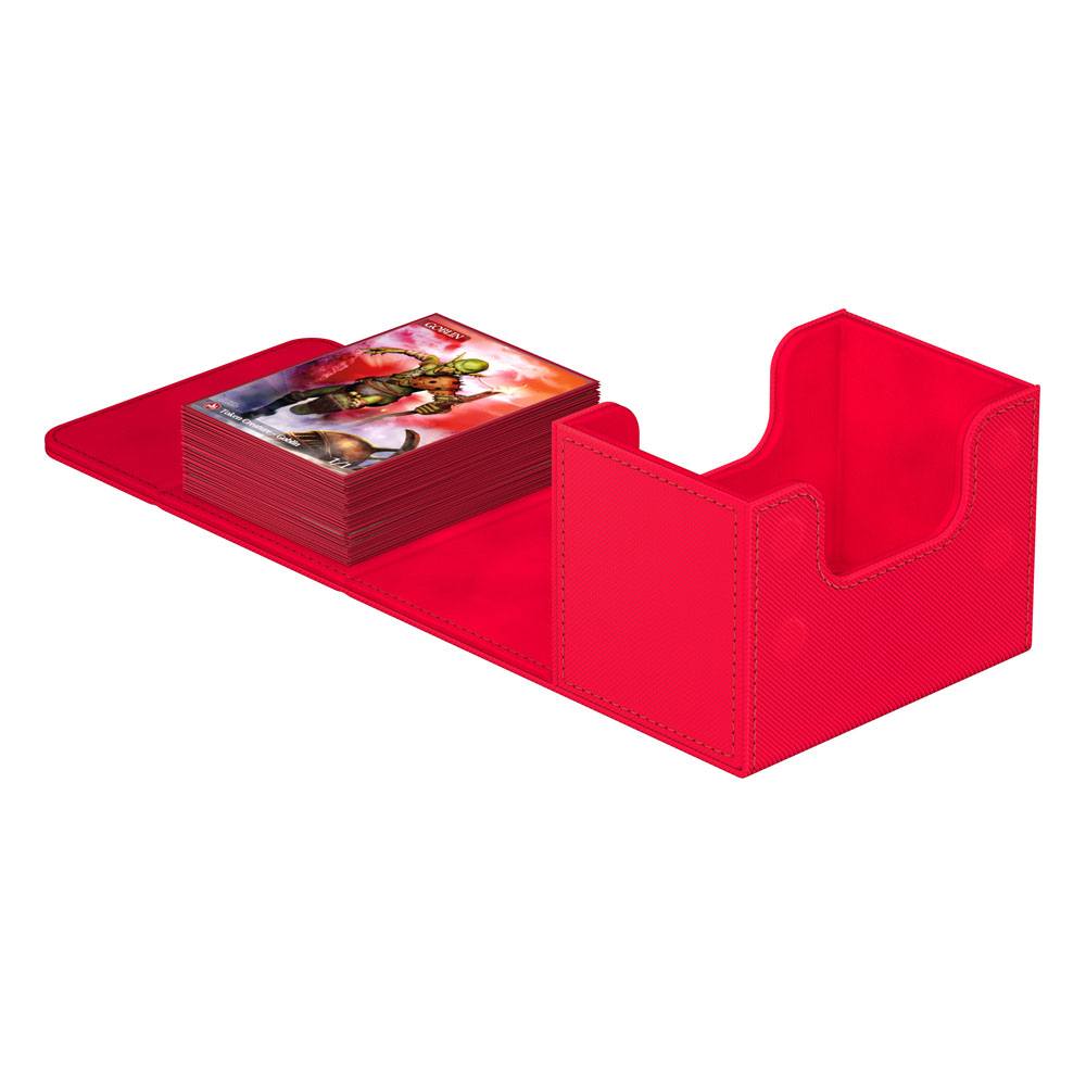 Ultimate Guard Sidewinder 80+ Xenoskin deck box in red, opened flat with a stack of sleeved cards
