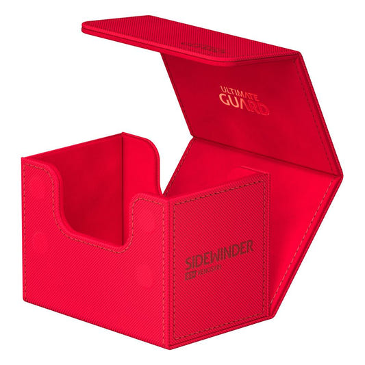 Ultimate Guard Sidewinder 80+ Xenoskin deck box in red, lid open, empty interior