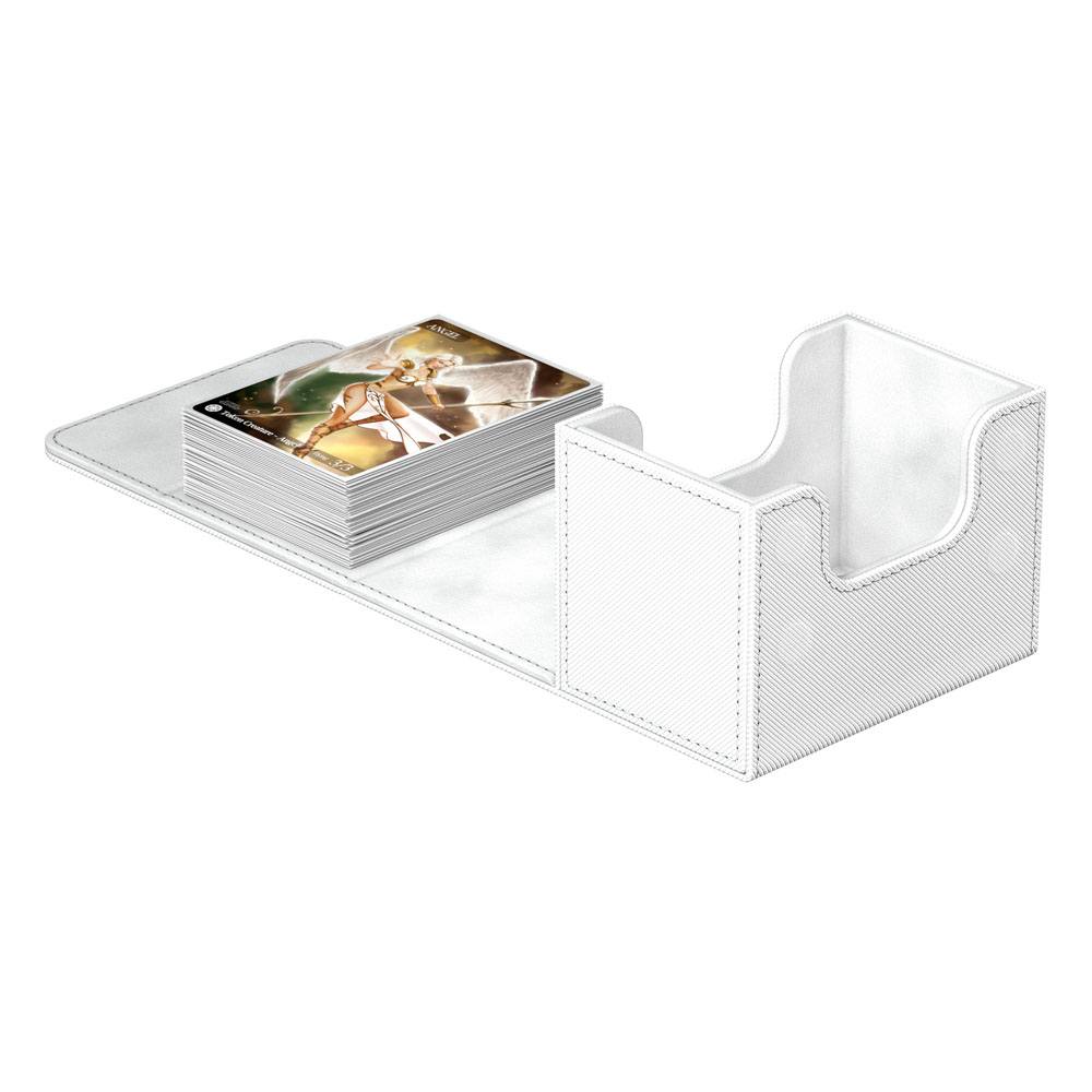 Ultimate Guard Sidewinder 80+ Xenoskin deck box in white, opened flat with a stack of sleeved cards