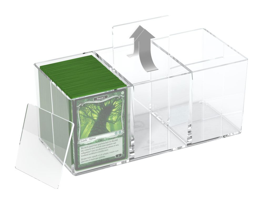 Ultimate Guard Stack'n'Safe 480 clear acrylic card box, sliding front panel removed, deck lifting out