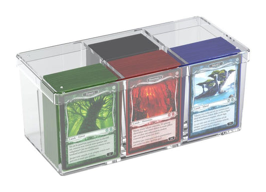 Ultimate Guard Stack'n'Safe 480 clear acrylic card box, three compartments holding sleeved decks