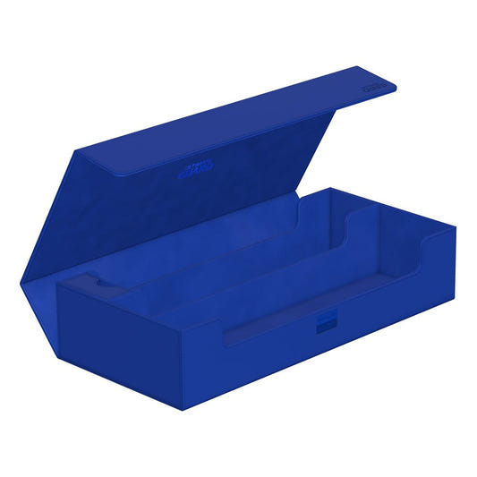 Ultimate Guard Superhive 550+ Xenoskin card box in blue, lid open, empty two-row interior