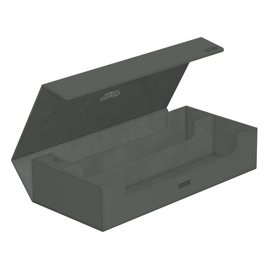 Ultimate Guard Superhive 550+ Xenoskin card box in grey, lid open, empty two-row interior