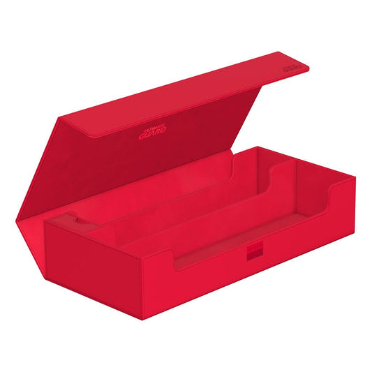 Ultimate Guard Superhive 550+ Xenoskin card box in red, lid open, empty two-row interior