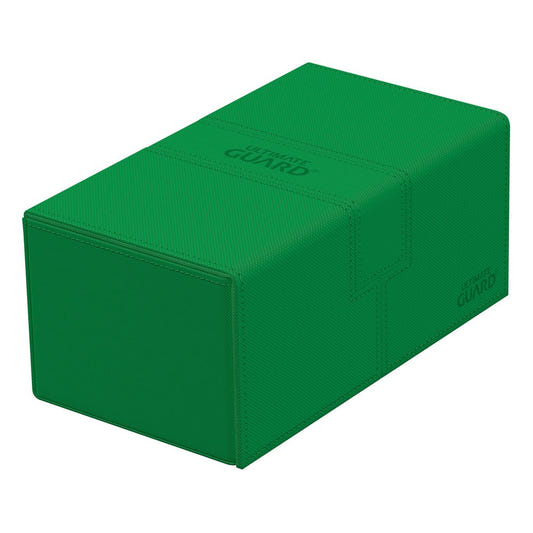 Ultimate Guard Twin Flip'n'Tray 200+ Xenoskin deck case in green, closed, lying flat, front angle