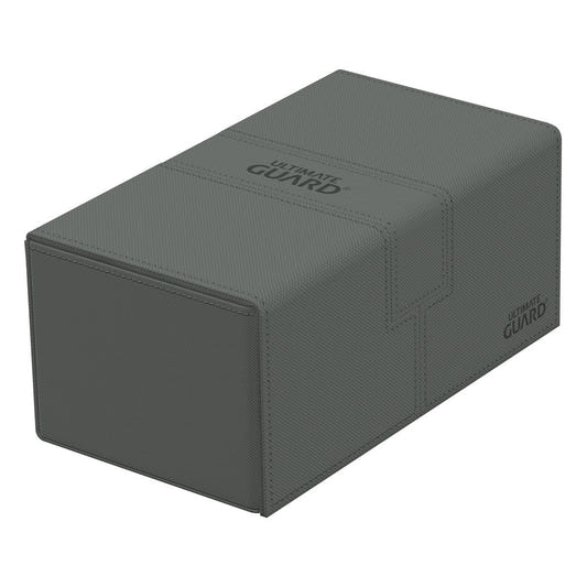 Ultimate Guard Twin Flip'n'Tray 200+ Xenoskin deck case in grey, closed, lying flat, front angle