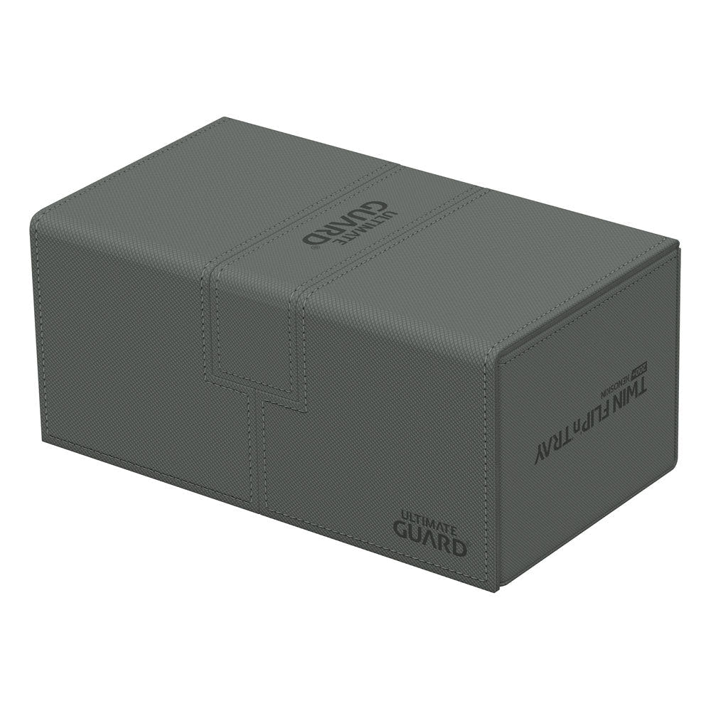 Ultimate Guard Twin Flip'n'Tray 200+ Xenoskin deck case in grey, closed, lying flat, angle from the other side