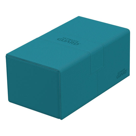 Ultimate Guard Twin Flip'n'Tray 200+ Xenoskin deck case in petrol, closed, lying flat, front angle