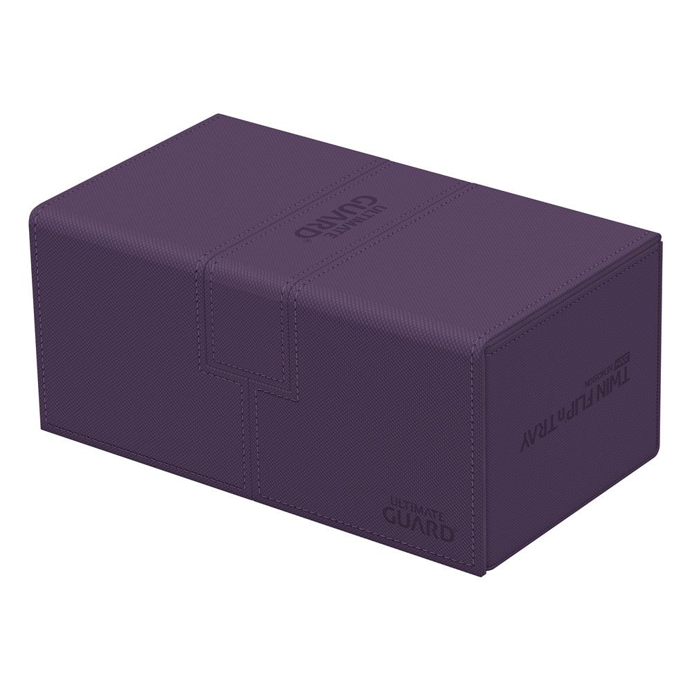 Ultimate Guard Twin Flip'n'Tray 200+ Xenoskin deck case in purple, closed, lying flat, angle from the other side