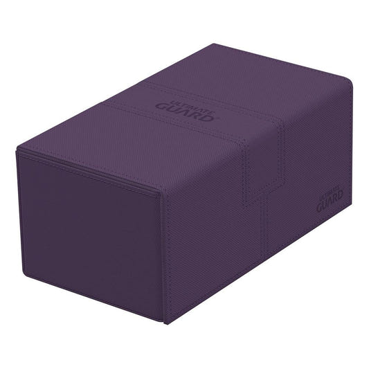 Ultimate Guard Twin Flip'n'Tray 200+ Xenoskin deck case in purple, closed, lying flat, front angle