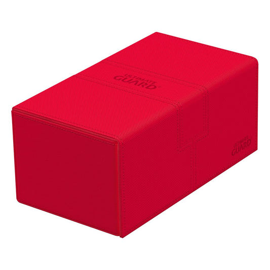 Ultimate Guard Twin Flip'n'Tray 200+ Xenoskin deck case in red, closed, lying flat, front angle