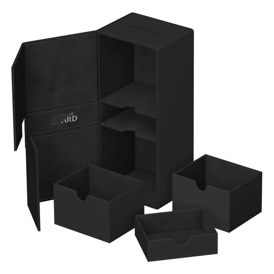 Ultimate Guard Twin Flip'n'Tray 266+ Xenoskin case in black, trays removed and empty beside the open case
