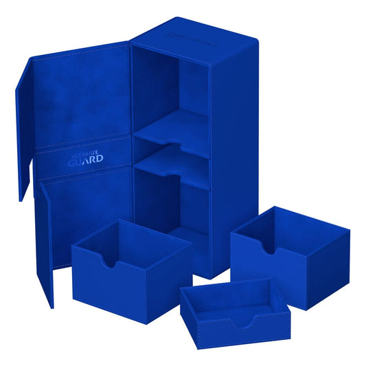 Ultimate Guard Twin Flip'n'Tray 266+ Xenoskin case in blue, trays removed and empty beside the open case