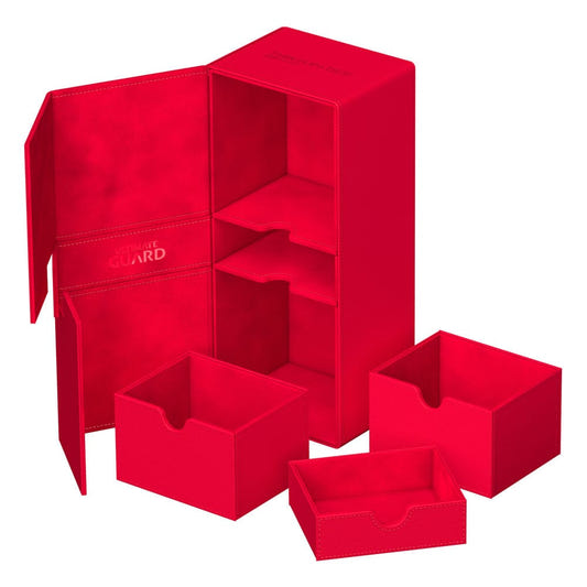Ultimate Guard Twin Flip'n'Tray 266+ Xenoskin case in red, trays removed and empty beside the open case