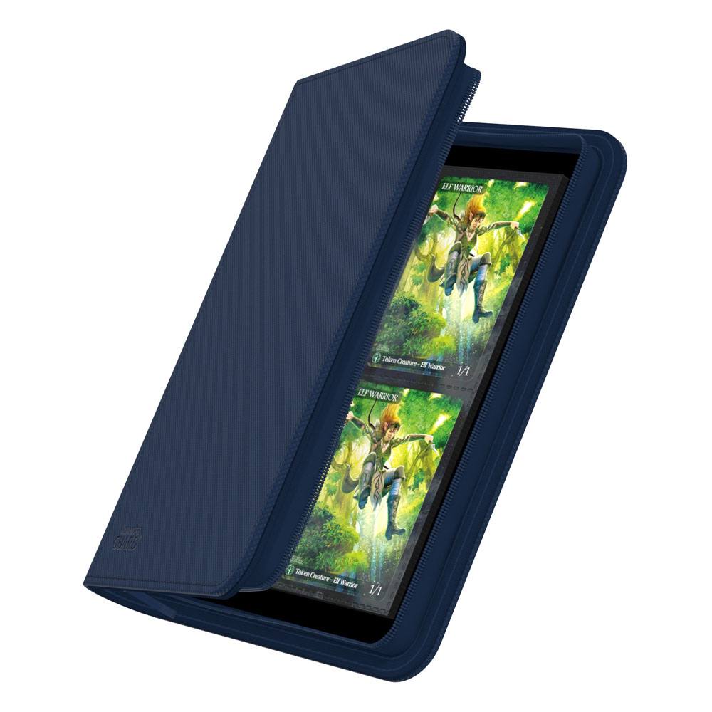 Ultimate Guard Zipfolio 160 8-Pocket Xenoskin binder in blue, half open showing a page of cards