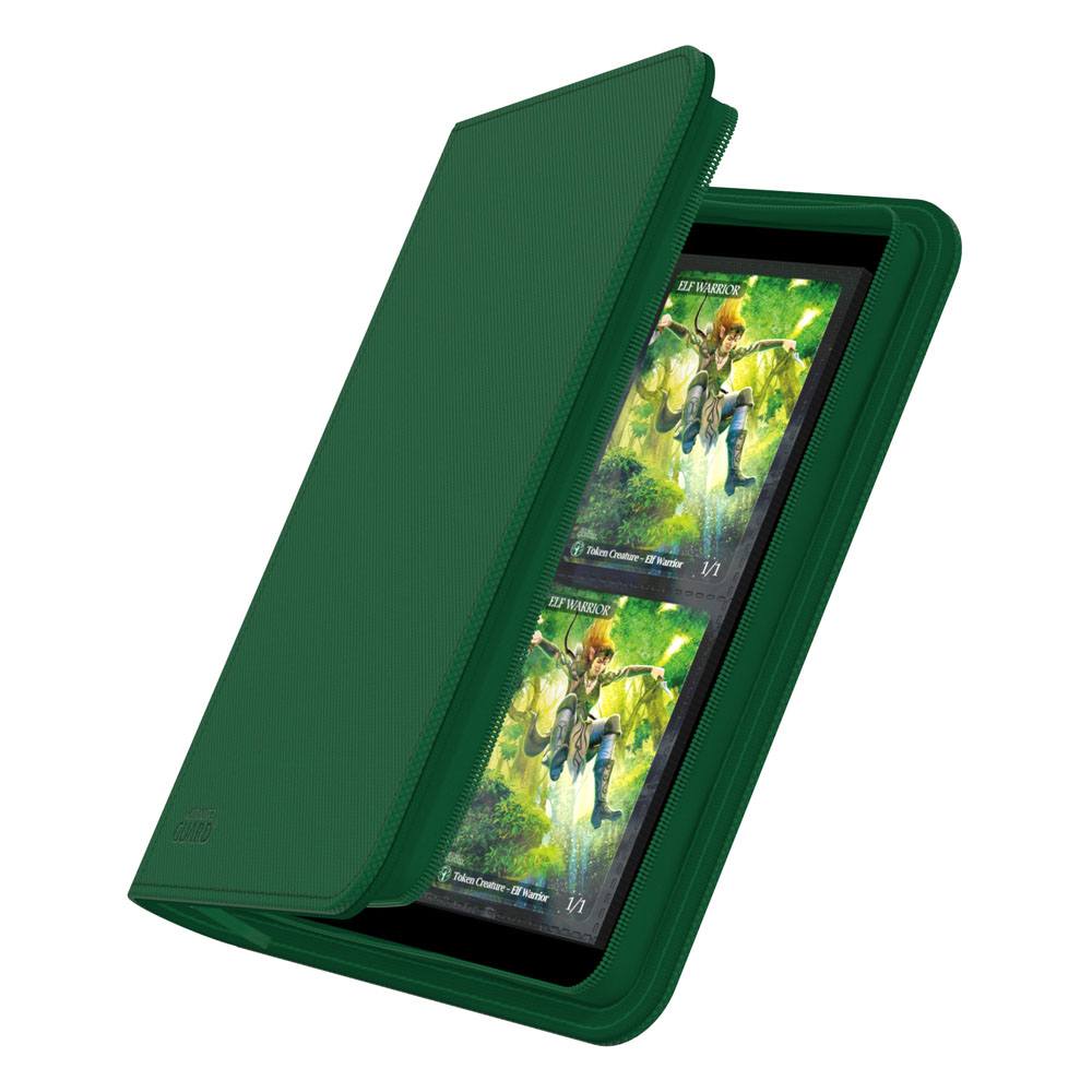 Ultimate Guard Zipfolio 160 8-Pocket Xenoskin binder in green, cover partly open showing cards in the pockets