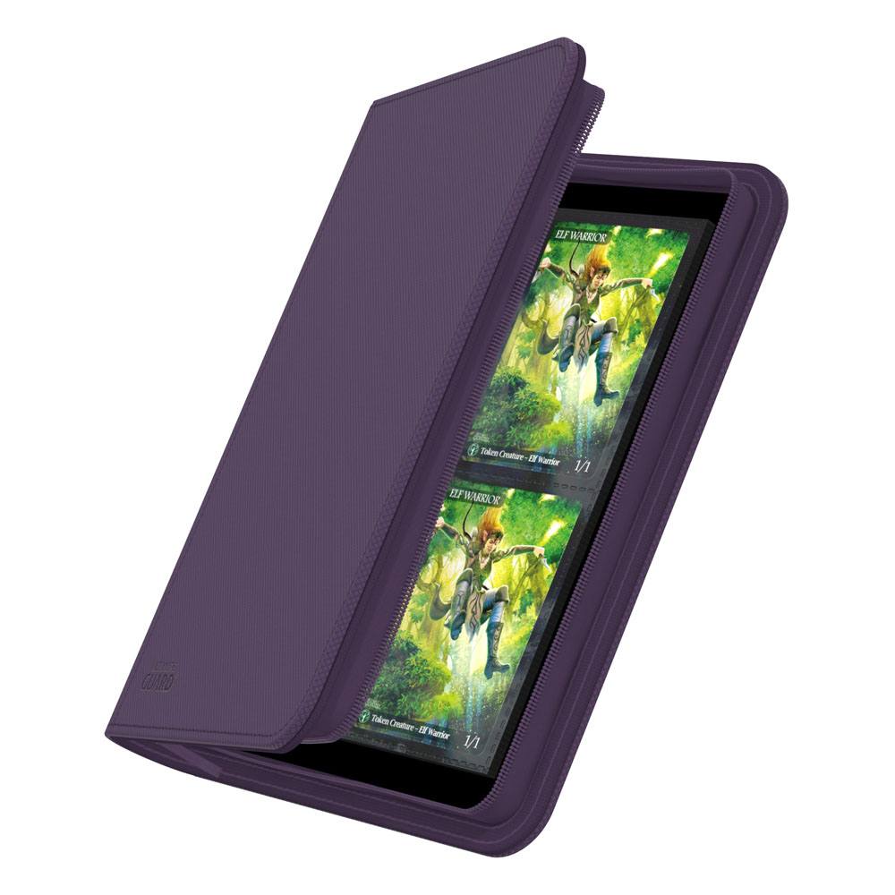 Ultimate Guard Zipfolio 160 8-Pocket Xenoskin binder in purple, cover partly open showing cards in the pockets
