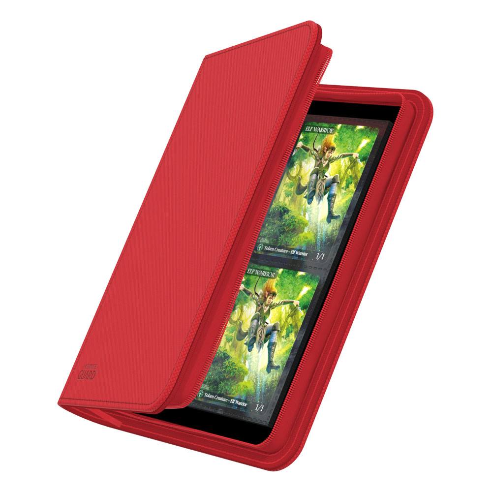 Ultimate Guard Zipfolio 160 8-Pocket Xenoskin binder in red, cover partly open showing cards in the pockets