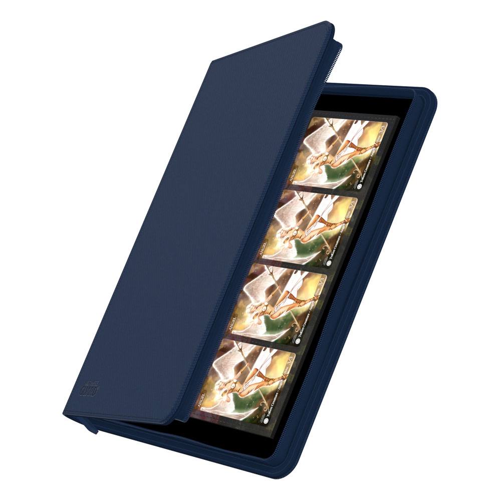 Ultimate Guard Zipfolio 320 16-Pocket Xenoskin binder in blue, cover partly open showing cards in the pockets