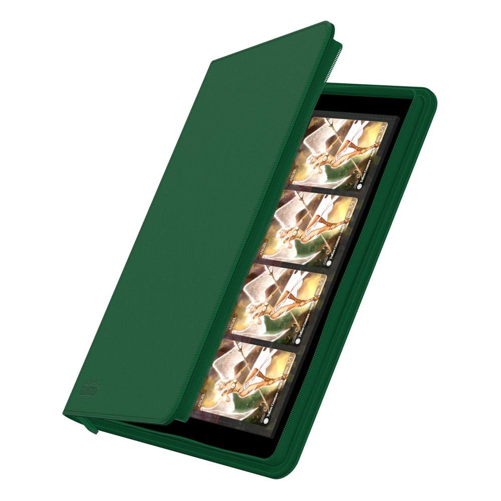 Ultimate Guard Zipfolio 320 16-Pocket Xenoskin binder in green, cover partly open showing cards in the pockets