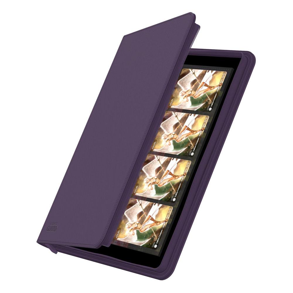 Ultimate Guard Zipfolio 320 16-Pocket Xenoskin binder in purple, cover partly open showing cards in the pockets