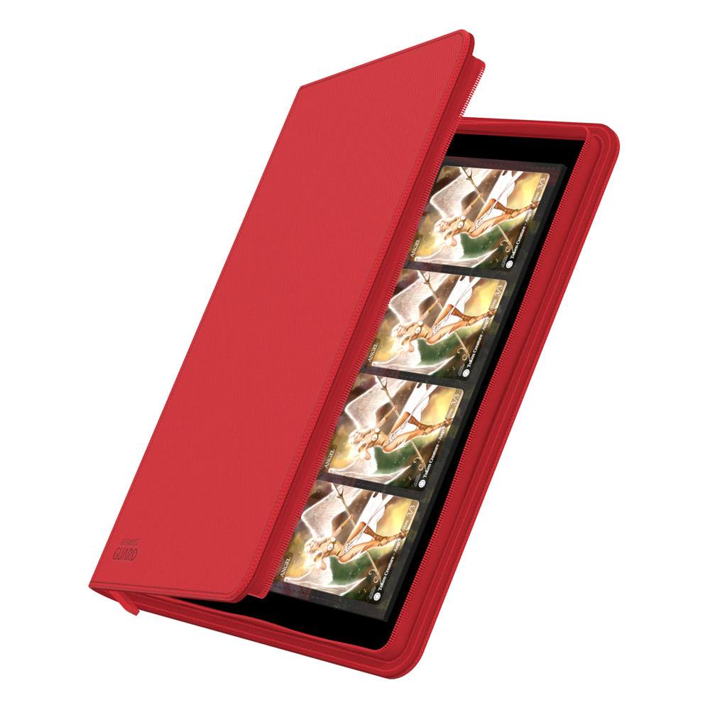 Ultimate Guard Zipfolio 320 16-Pocket Xenoskin binder in red, cover partly open showing cards in the pockets