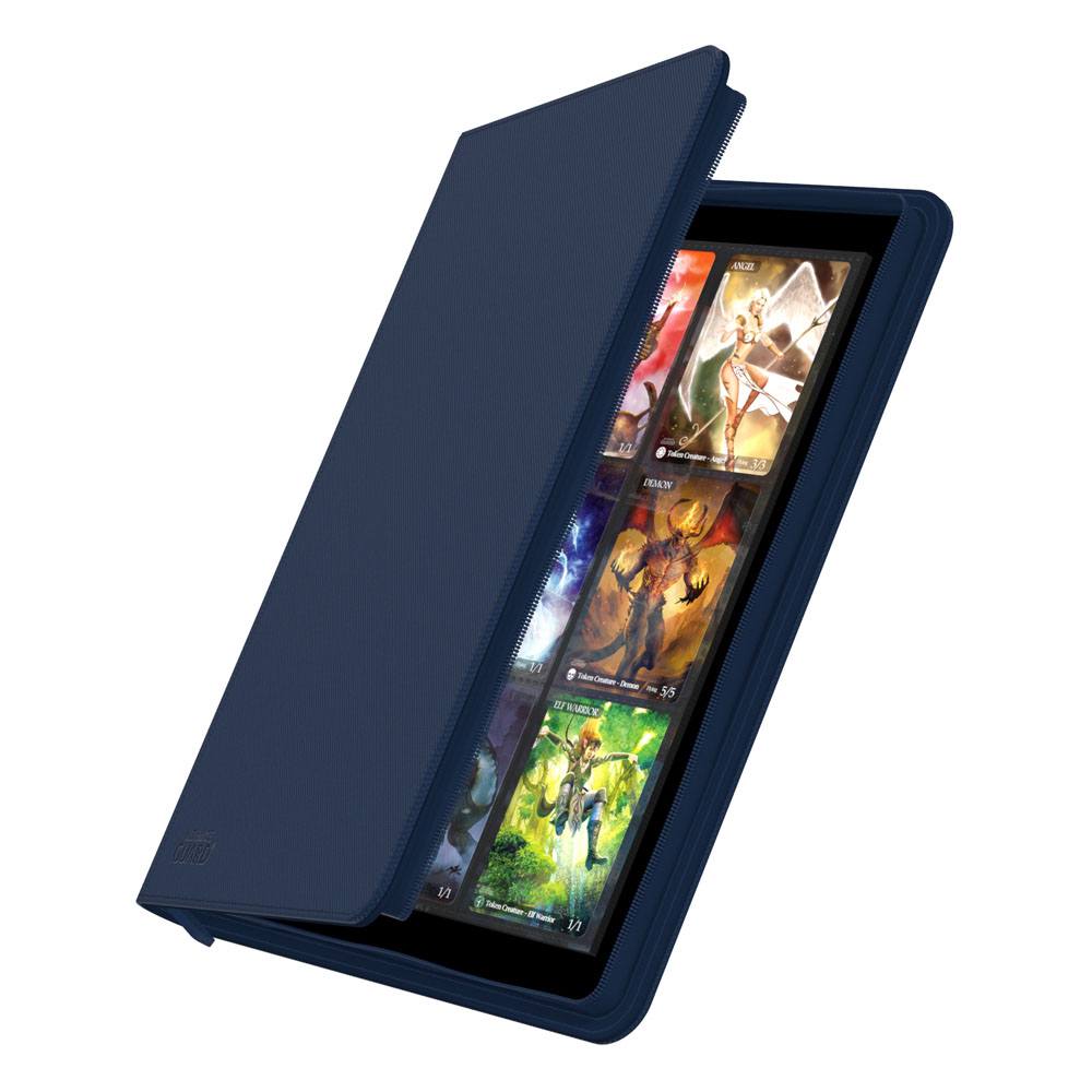 Ultimate Guard Zipfolio 360 18-Pocket Xenoskin binder in blue, cover partly open showing cards in the pockets
