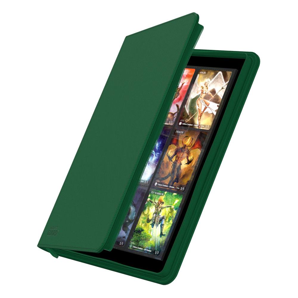 Ultimate Guard Zipfolio 360 18-Pocket Xenoskin binder in green, cover partly open showing cards in the pockets