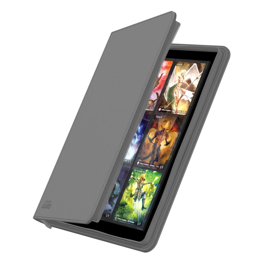 Ultimate Guard Zipfolio 360 18-Pocket Xenoskin binder in grey, cover partly open showing cards in the pockets