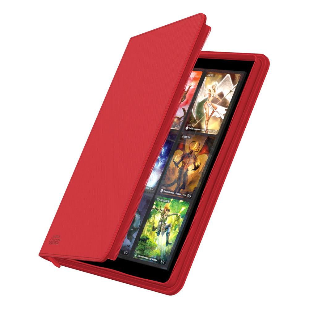 Ultimate Guard Zipfolio 360 18-Pocket Xenoskin binder in red, cover partly open showing cards in the pockets