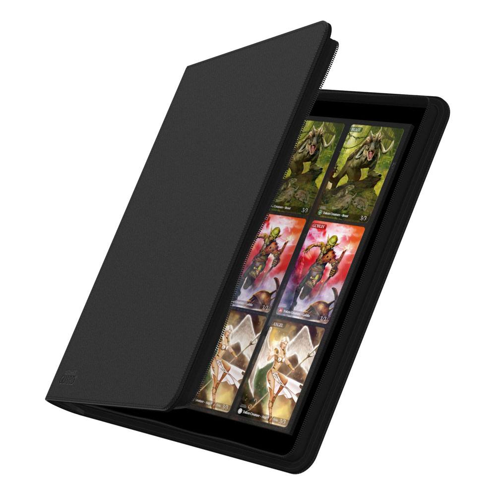 Ultimate Guard Zipfolio 480 24-Pocket Xenoskin binder in black, cover partly open showing cards in the pockets