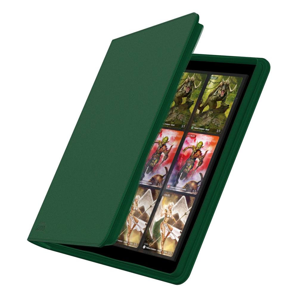 Ultimate Guard Zipfolio 480 24-Pocket Xenoskin binder in green, cover partly open showing cards in the pockets