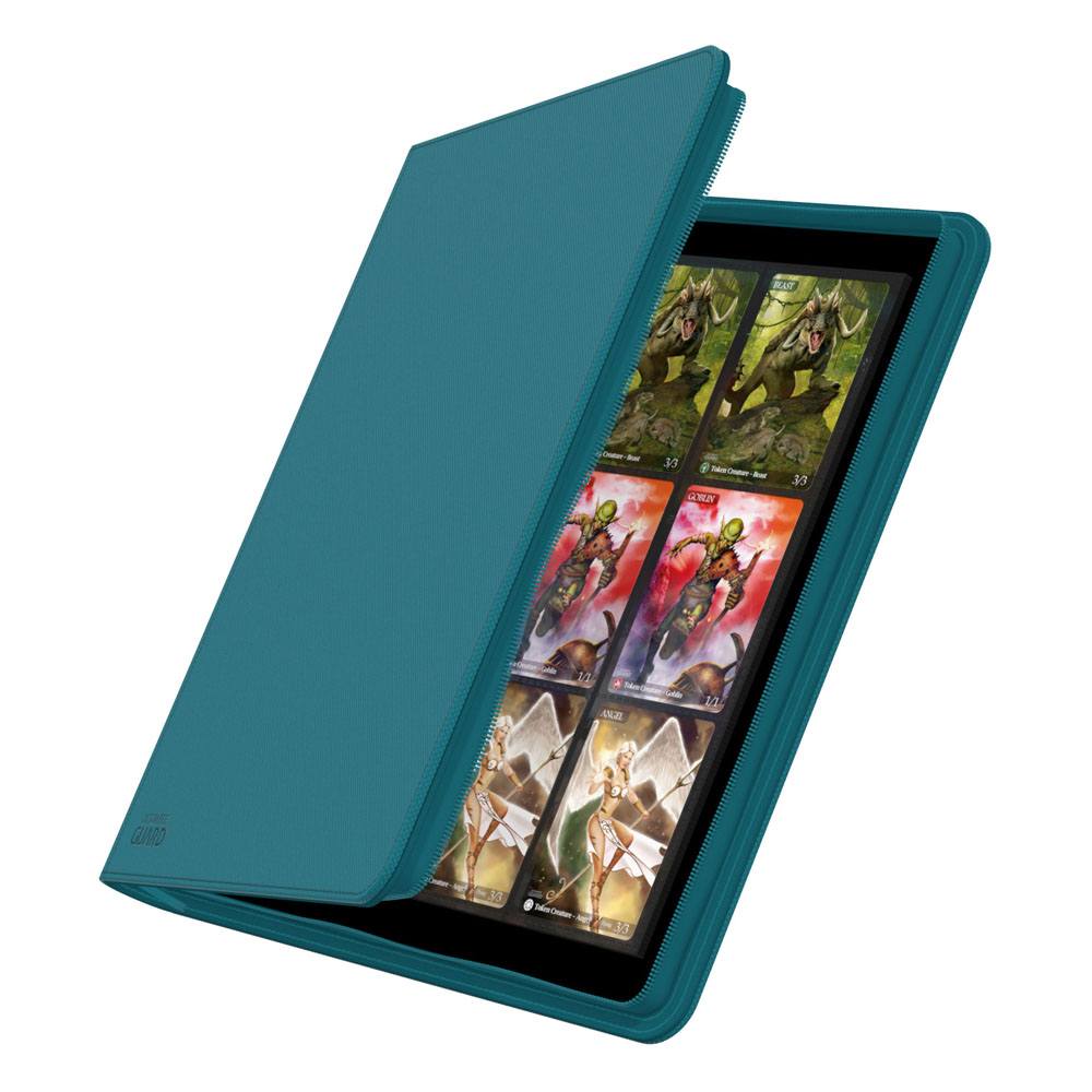 Ultimate Guard Zipfolio 480 24-Pocket Xenoskin binder in petrol, cover partly open showing cards in the pockets