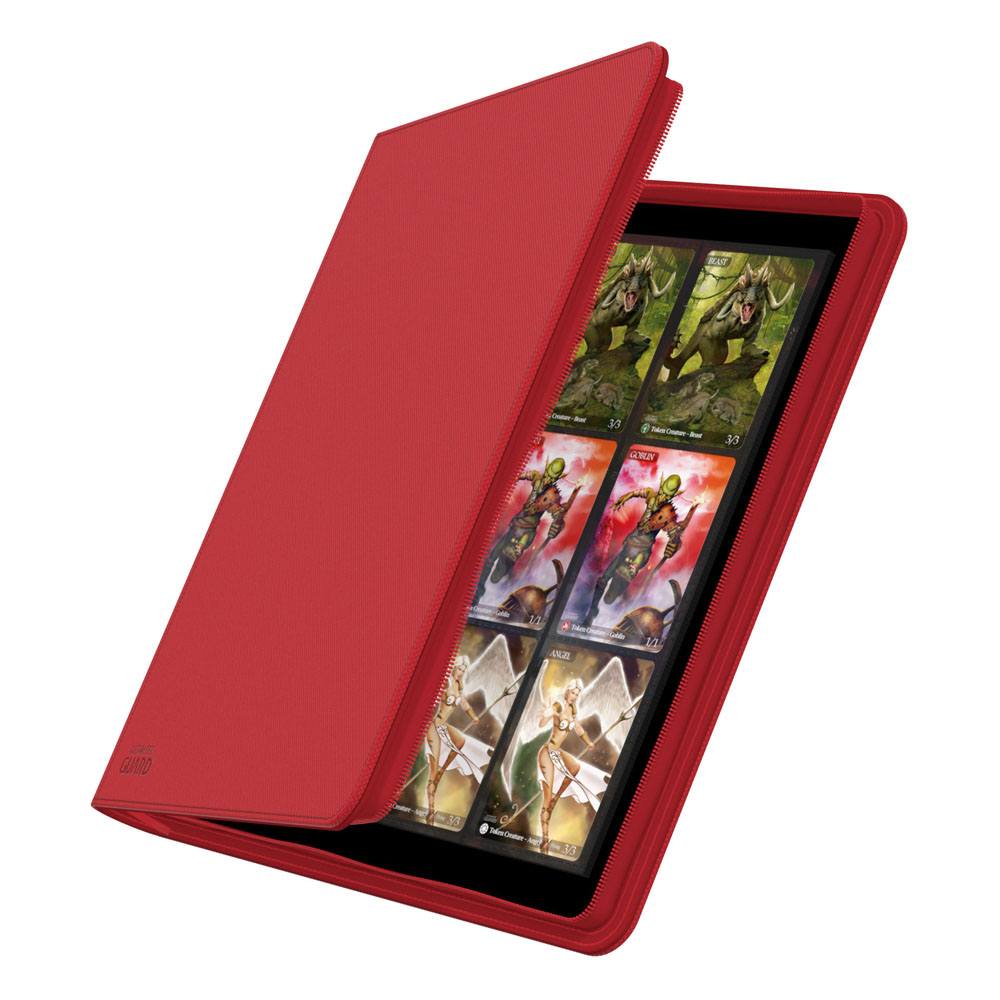 Ultimate Guard Zipfolio 480 24-Pocket Xenoskin binder in red, cover partly open showing cards in the pockets