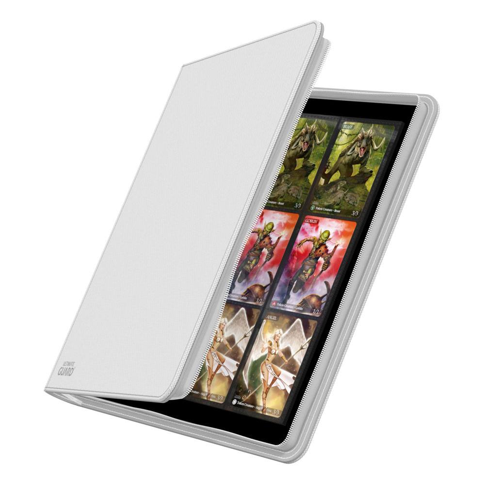 Ultimate Guard Zipfolio 480 24-Pocket Xenoskin binder in white, cover partly open showing cards in the pockets