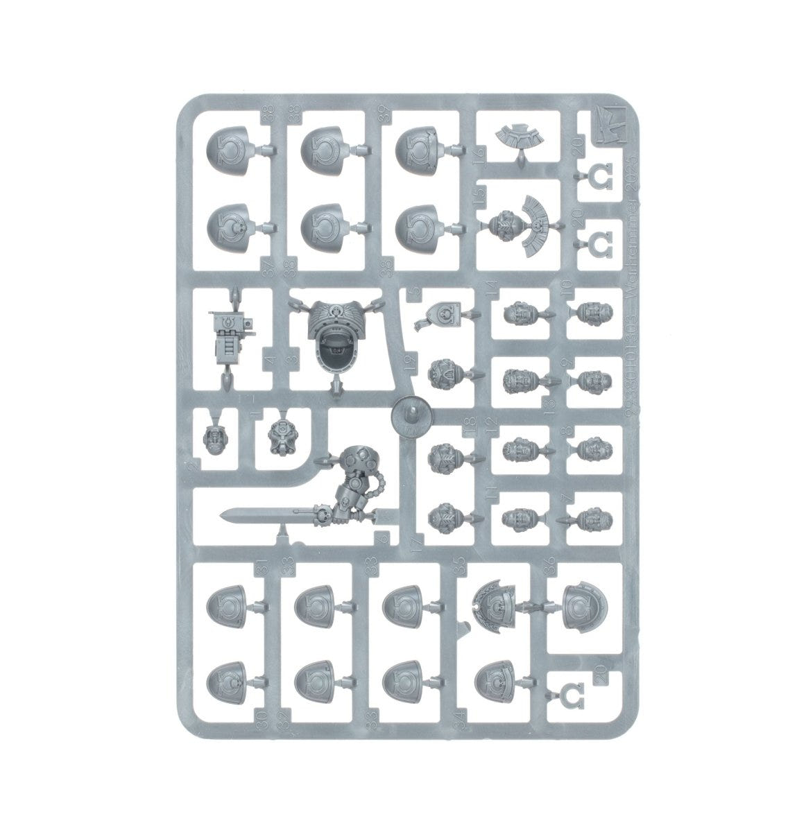 Ultramarines Upgrades and Transfers unpainted plastic sprue, frame 2 of 2, with heads and pads