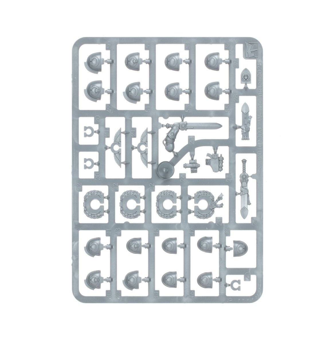 Ultramarines Upgrades and Transfers unpainted plastic sprue, frame 1 of 2, with shoulder pads