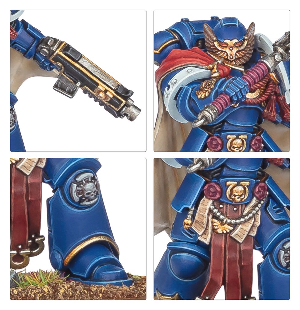 Close-ups of Victrix Honour Guard armour details: bolt carbine, gold eagle and red tabards