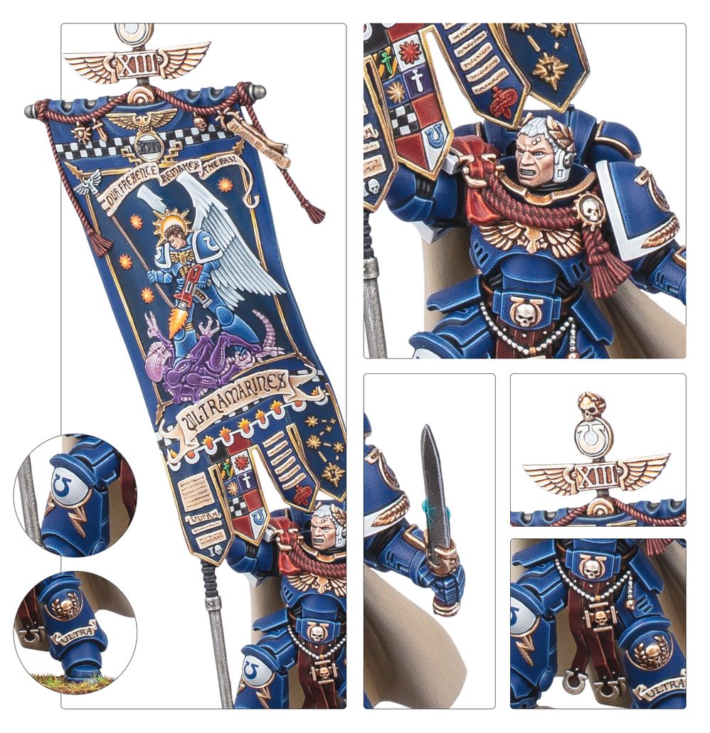 Close-ups of the Banner of Macragge and a Victrix Honour Guard veteran's head and details