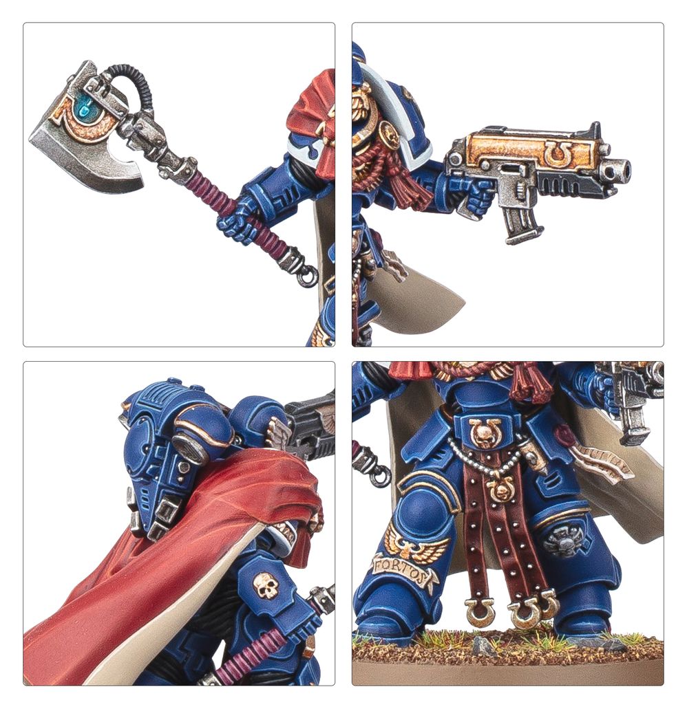 Close-ups of a Victrix Honour Guard power axe, bolt carbine, red cloak and tabard