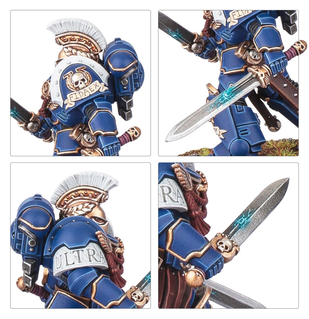 Close-ups of the Victrix Honour Guard Chapter Champion's crested helm and power sword