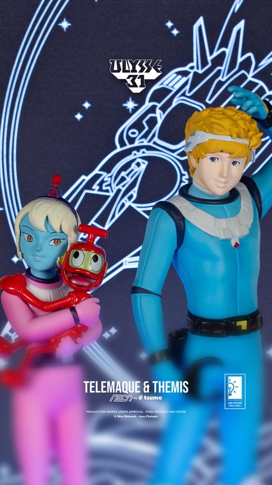 Close-up of Telemachus in blue space suit beside Themis holding Nono, Tsume NEON figure