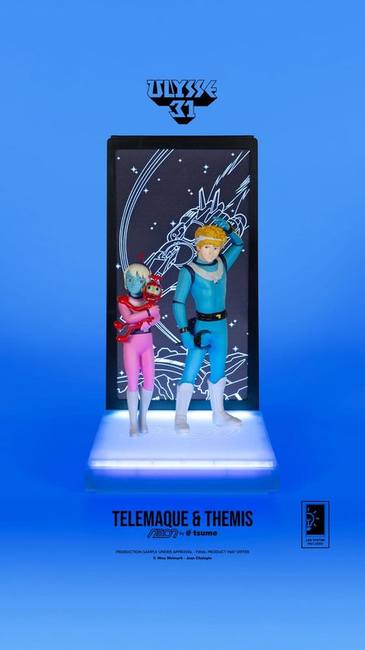 Tsume NEON Ulysses 31 Telemachus & Themis figure with Nono and illuminated backdrop, front view